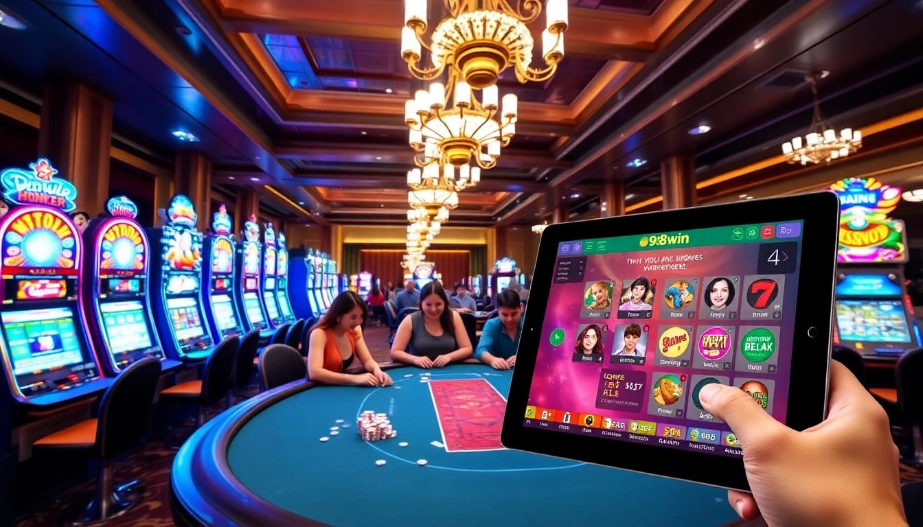 Gamblers enjoy vibrant slot machines at 98win, showcasing an exciting casino atmosphere.