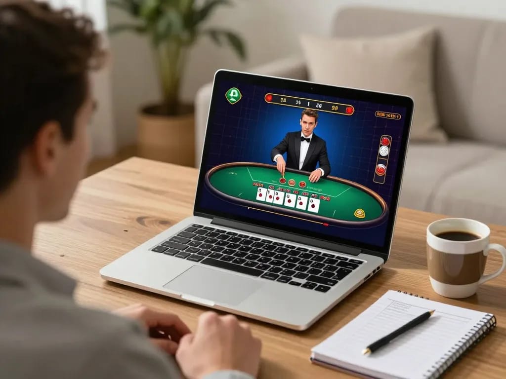 Player engaged in blackjack on BL555 online platform, with strategy notes on table.