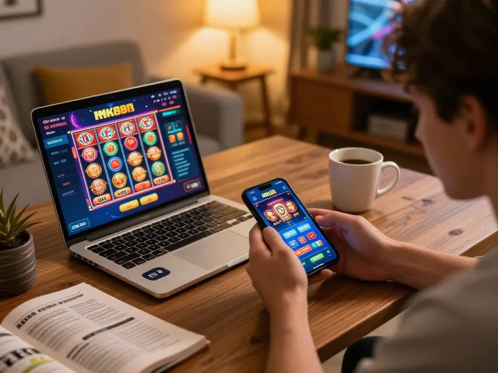 Player engaging with NK88 casino app at home, enjoying slots and poker games.
