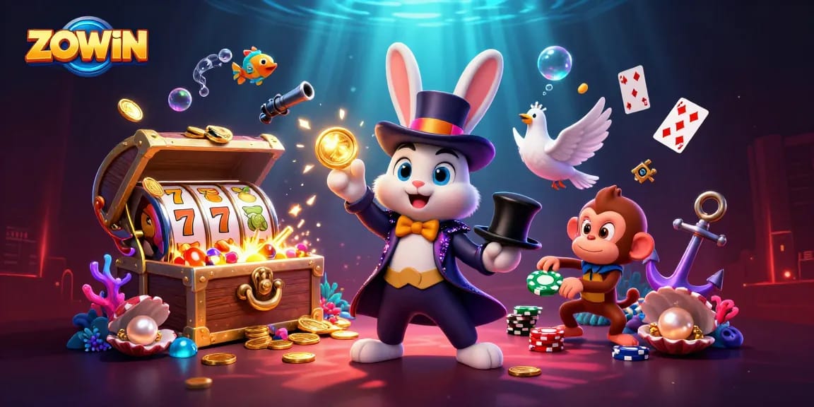 Experience ZOWIN's enchanting casino world with magical characters and vibrant slot symbols.