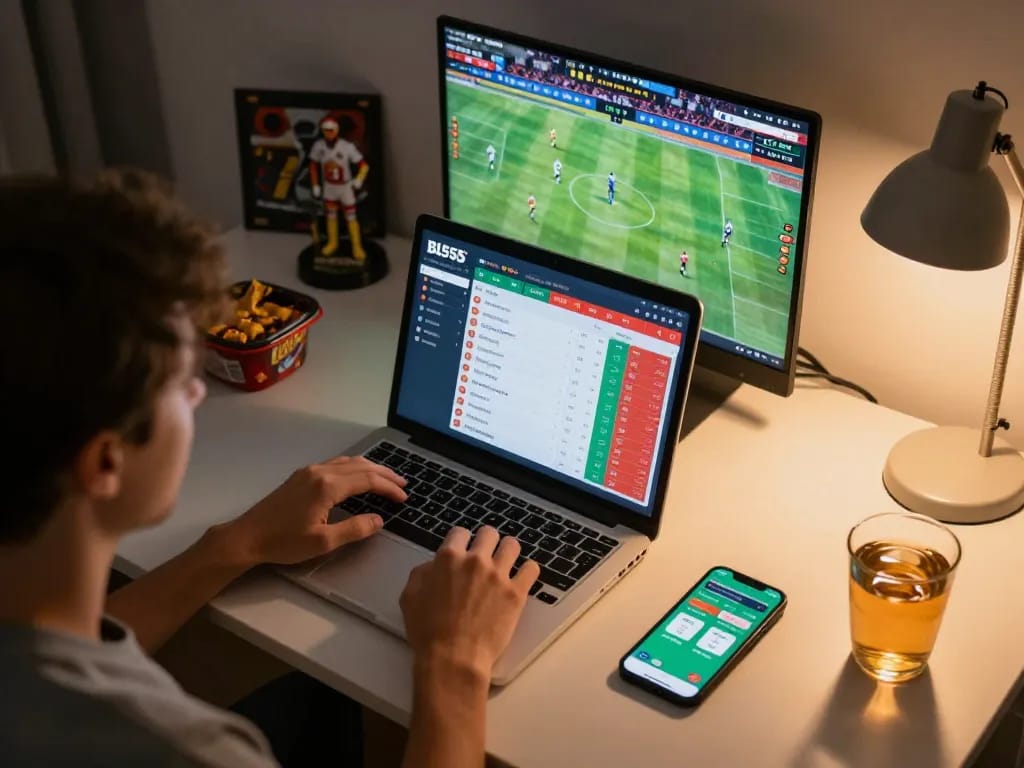 Experience sports betting excitement on Bl555 with vibrant gaming screens and a cozy home setup.