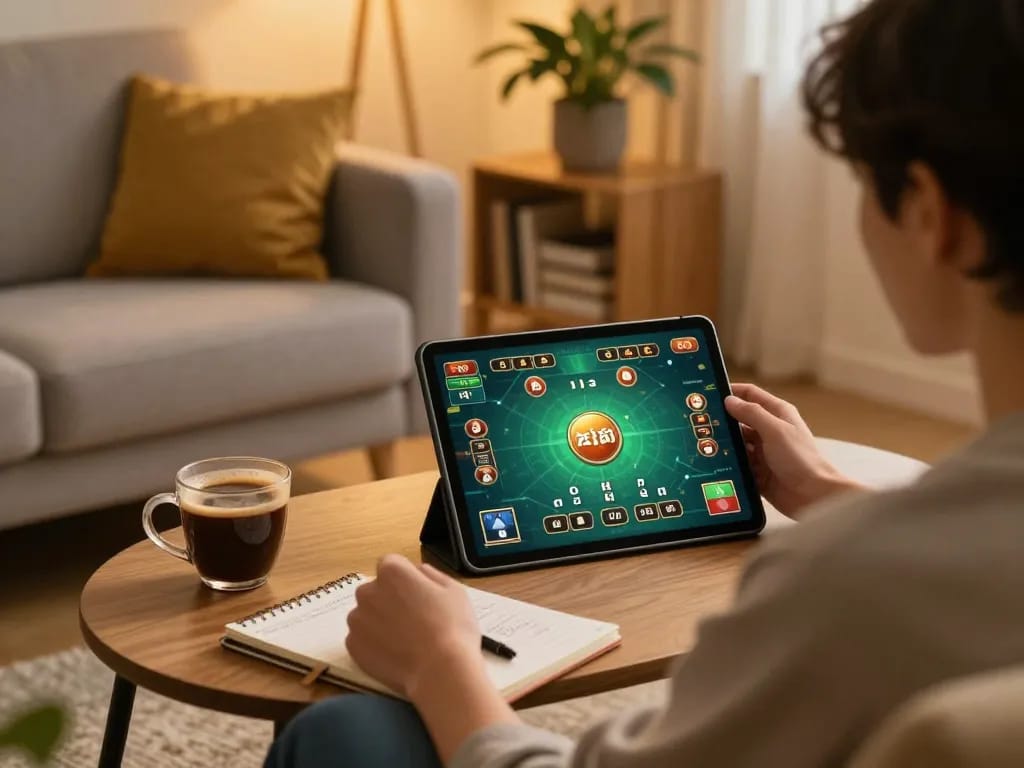 Engaging in exciting tài xỉu online gameplay at home, with strategy notes and cozy atmosphere.