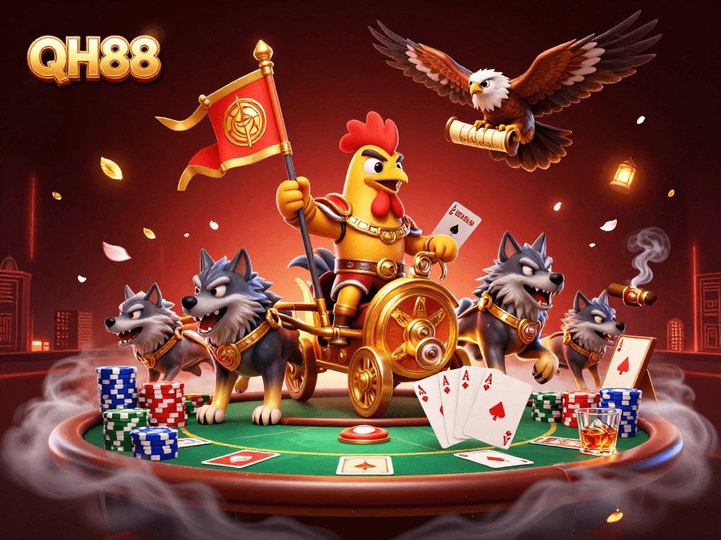Experience the excitement of QH88 with a dynamic casino battle scene featuring a rooster warlord and poker elements.
