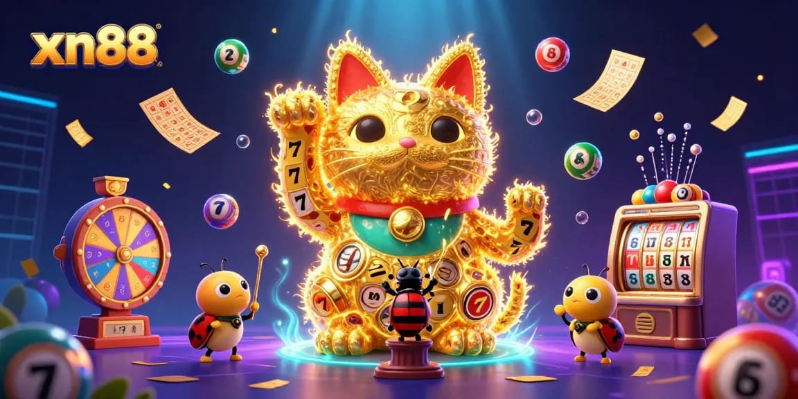 Experience gambling excitement with xn88's vibrant 3D lucky cat and casino-themed elements.