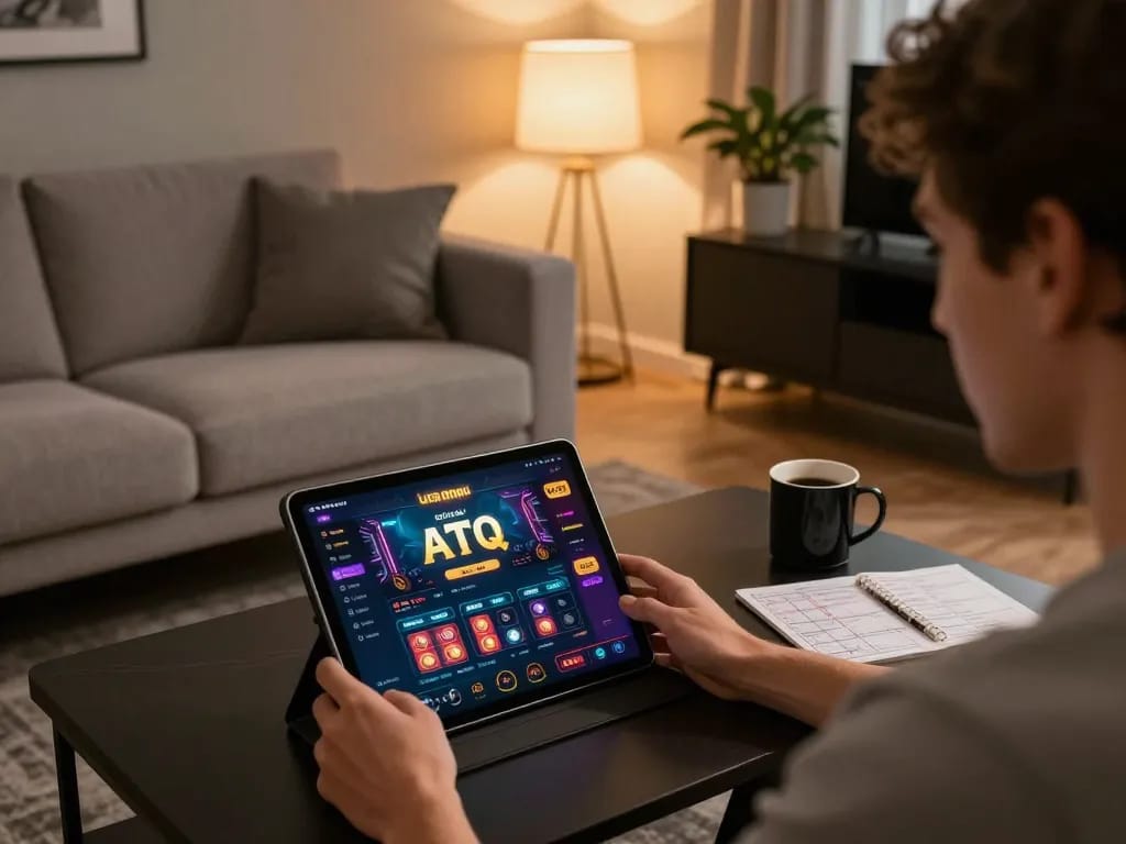 Player engaging with Liên minh ATQ casino app on tablet in stylish home setup.