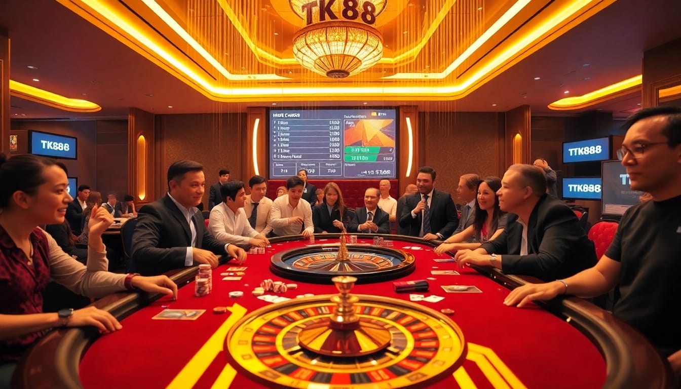 Exciting poker game action at TK88 Casino with players and vibrant poker chips.