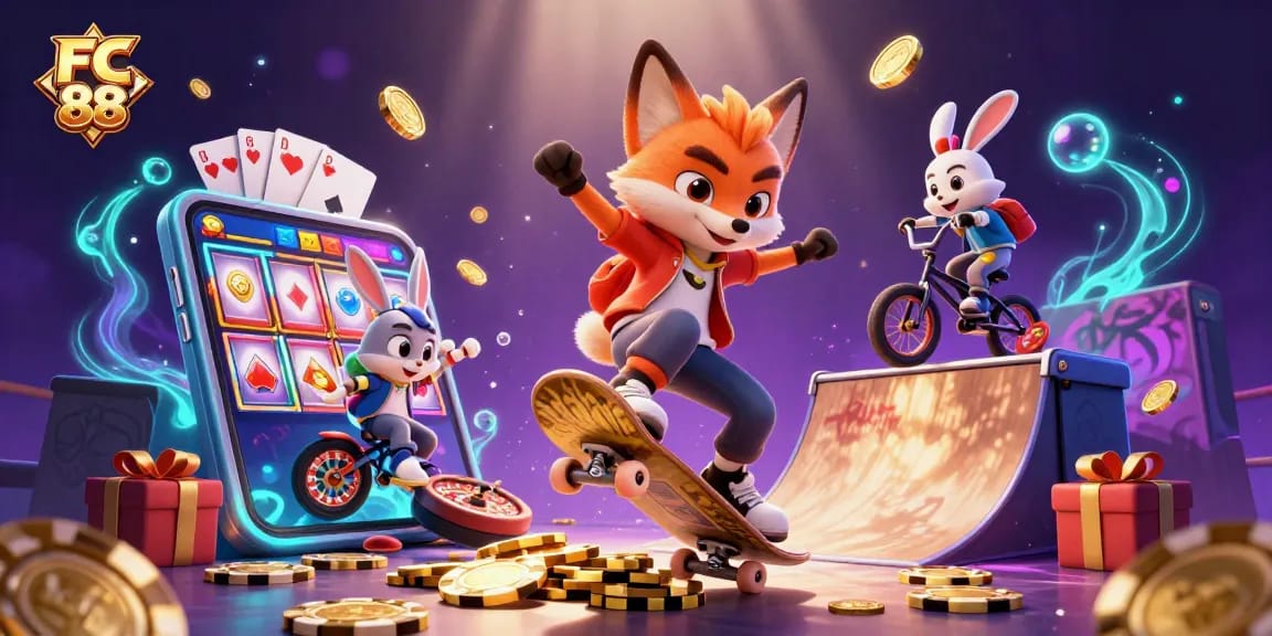 Experience thrilling gaming at FC 88 with vibrant visuals and dynamic action in a casino-themed illustration.