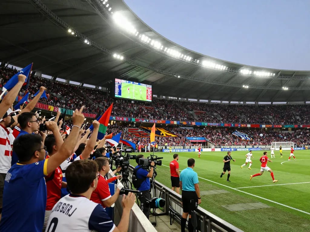 Live football match scene displaying ผลบอล with fans cheering and scoreboard showing latest scores.