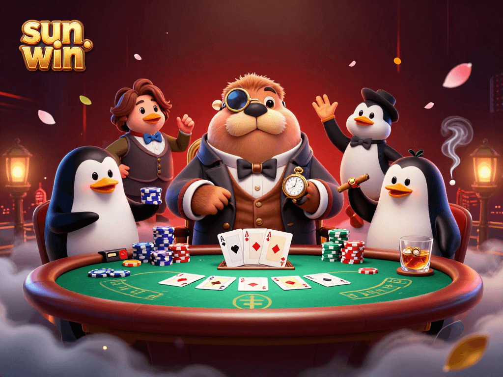 Sun win showcases a jolly walrus playing poker, surrounded by colorful chips and cards in an underwater scene.