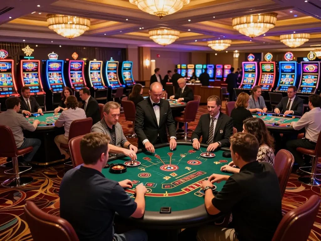 Players enjoying a lively blackjack game at the 88 Club casino with dealers managing bets