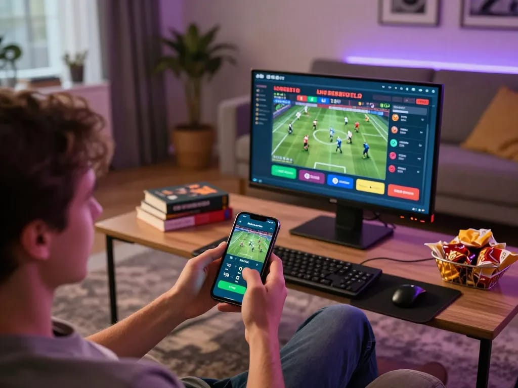Engaging in go8 sports betting with a smartphone in a cozy living room setting.