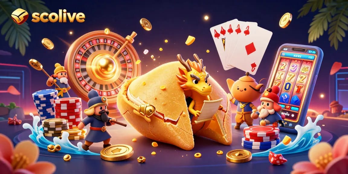 Socolive showcases thrilling online gambling experiences with a vibrant illustration of a golden fortune cookie and dynamic gaming elements.