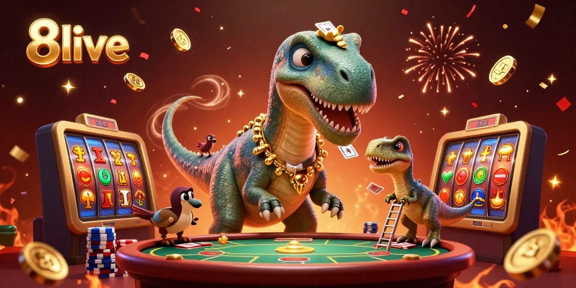 8live players enjoy vibrant 3D casino action with a giant brontosaurus and dynamic gaming elements.