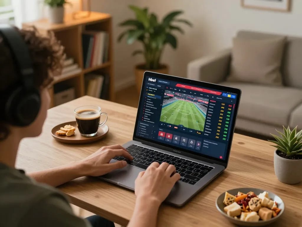 Player strategizing live sports betting on Hbet platform from cozy home setup