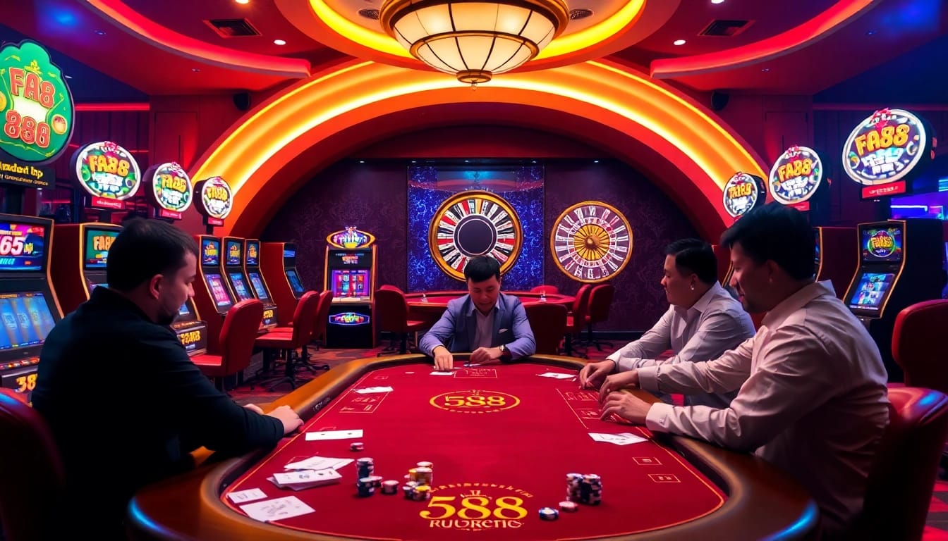 Players enjoying a high-stakes game at FA88 casino, surrounded by vibrant slot machines and roulette.