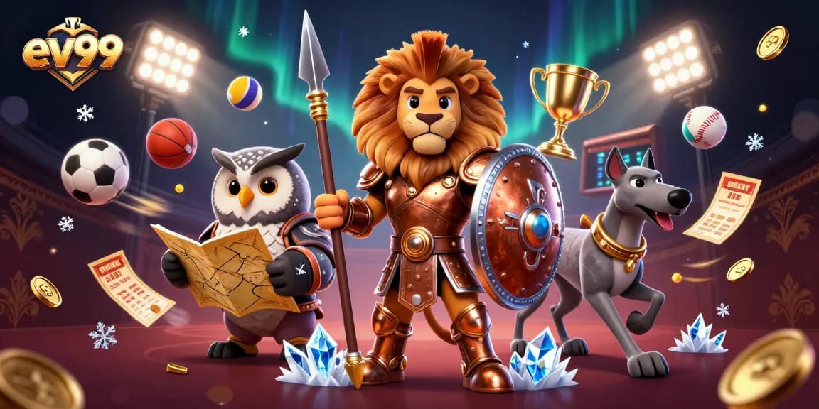 Join the excitement at ev99 with a dynamic scene featuring a Spartan lion, owl, and greyhound amidst sports betting action.