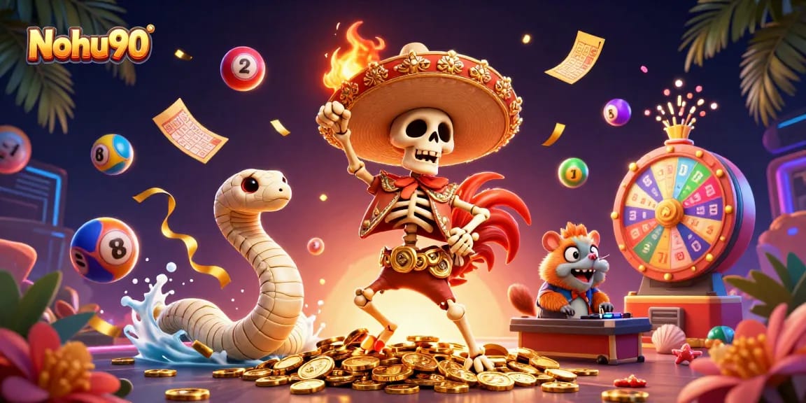 Nohu90 features a dynamic scene with a mariachi rooster, a mummy snake, and a DJ hamster celebrating with colorful lottery elements.