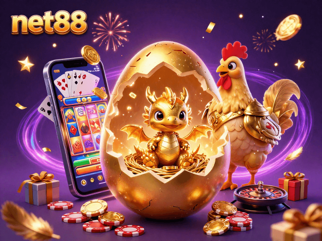 net88 showcases a golden dragon emerging from a poker chip nest, celebrating with casino elements.