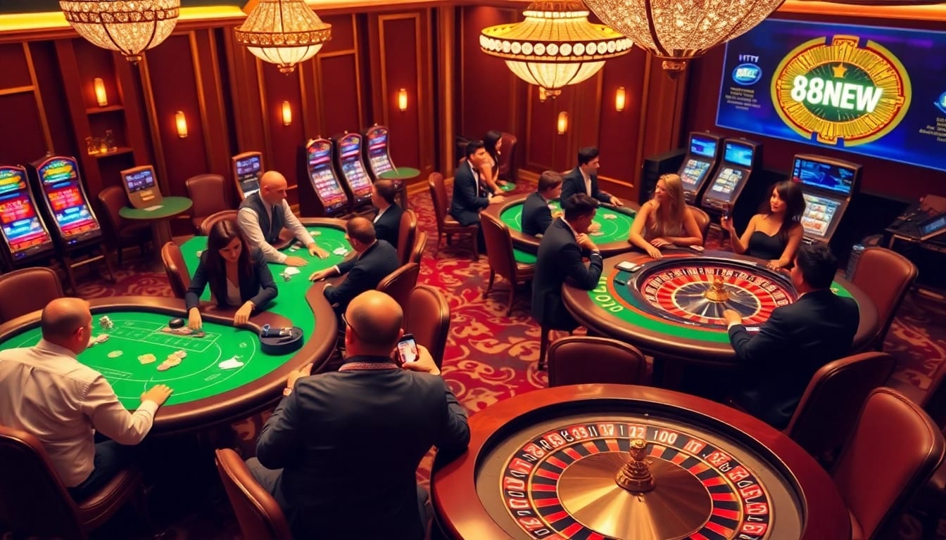 Engaging players enjoying games at 888NEW's luxurious online casino environment with vibrant tables and dealers.