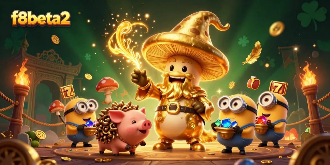 Play and win big at f8beta2 with a vibrant illustration of magic mushrooms and treasure!