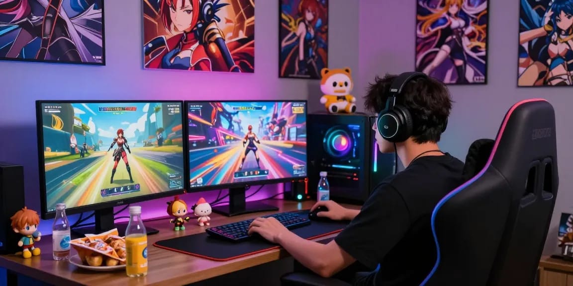 Player enjoying a hentai game in a vibrant gaming setup with anime graphics.