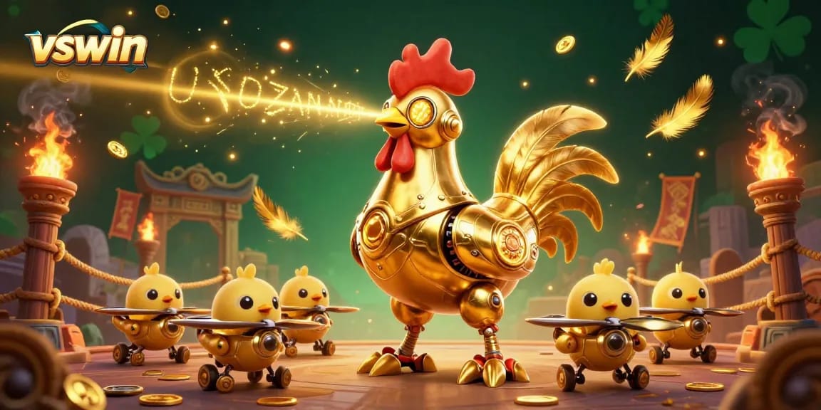 Watch the dynamic vswin golden rooster robot and baby chick drones in an exciting casino scene.