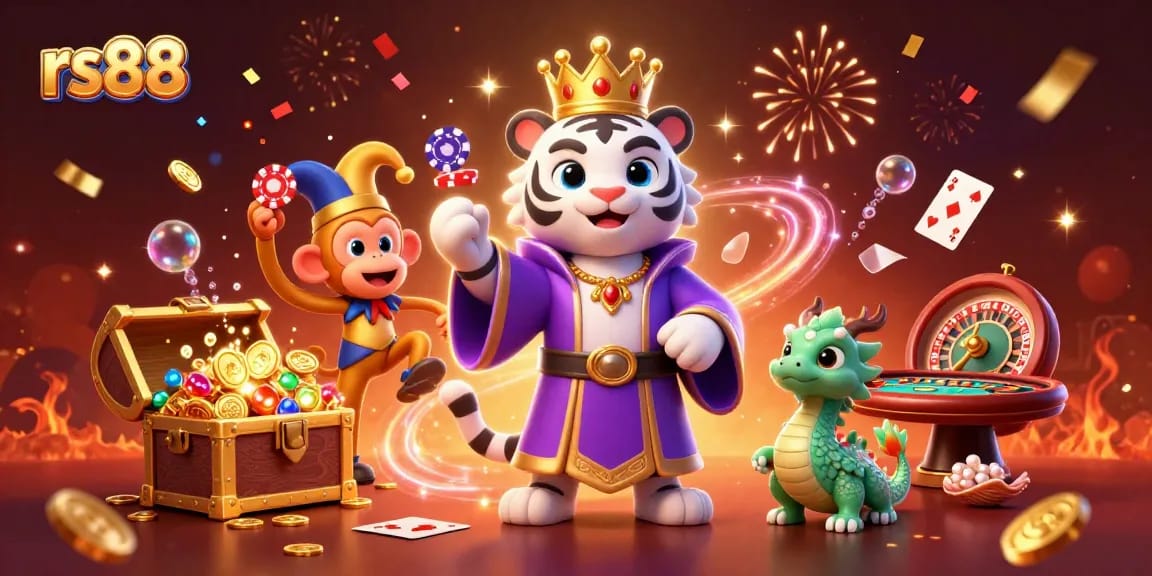 Win big with RS88 as playful characters bring the casino to life in this vibrant gaming illustration.