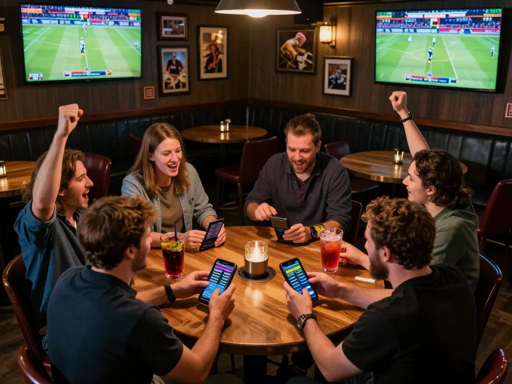 Engaged patrons at a sports betting app, showcasing exciting uk88 betting action in a vibrant sports bar.
