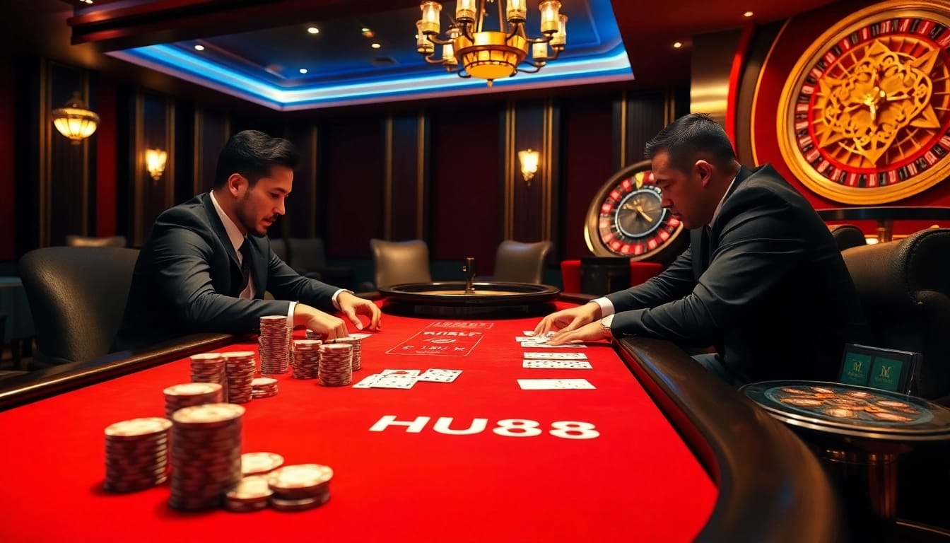 High-stakes poker scene with HU88 chips and luxury casino ambiance