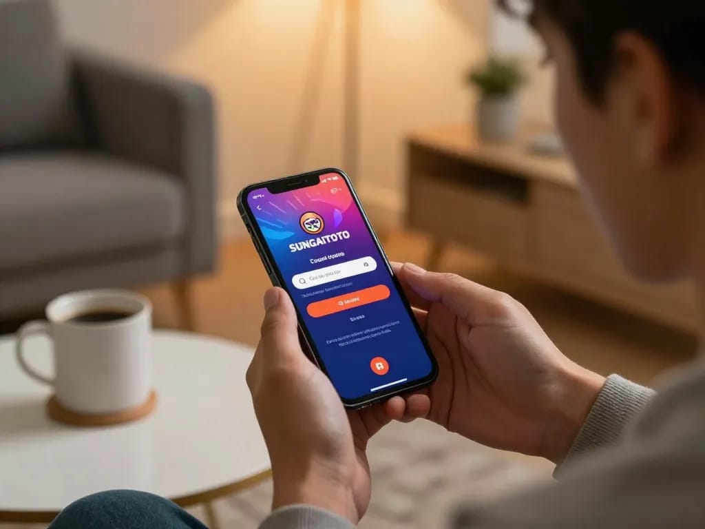 SUNGAITOTO login process on smartphone showing vibrant online gambling interface.