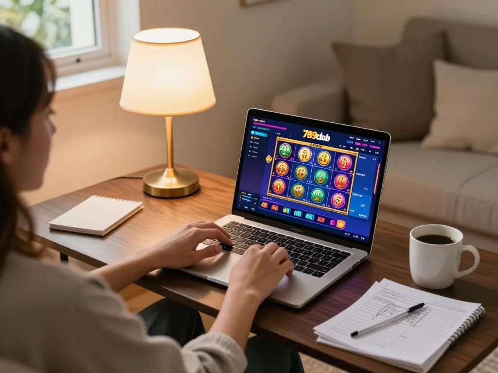 Engaged player exploring diverse gaming options at 789club on laptop in cozy home setting
