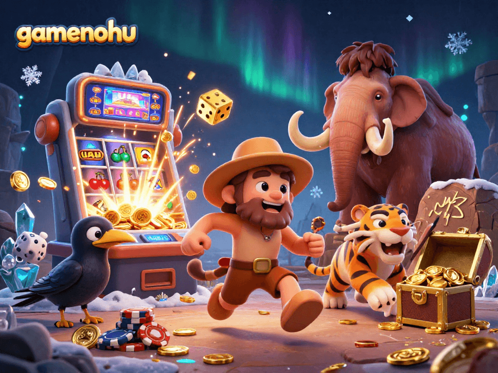 Experience the excitement of gamenohu with vibrant slot machines and lively characters in a prehistoric casino.