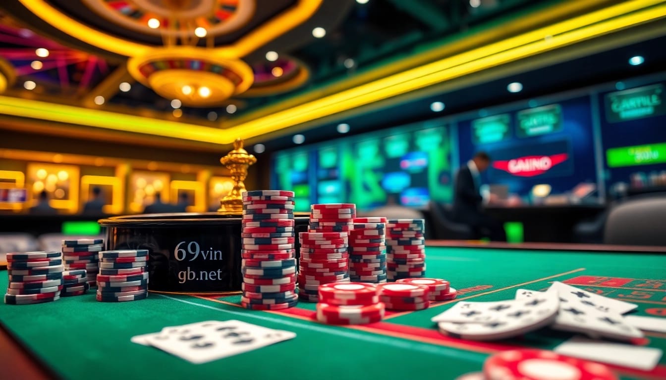 Experience thrilling gameplay with 69vn.gb.net, featuring a luxurious casino table full of cards and chips.
