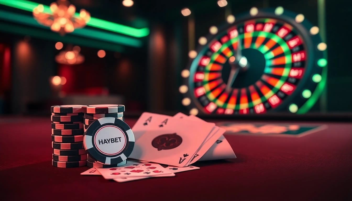 Experience HAYBET’s thrilling casino action with vibrant poker chips and elegant cards.
