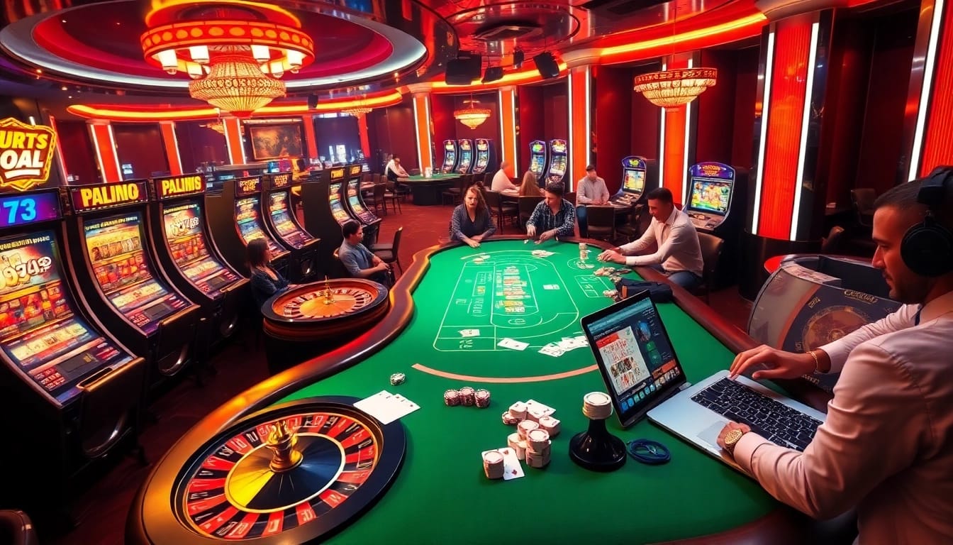 Experience the excitement of kbbet with players at a luxurious online casino, complete with vibrant slots and poker tables.