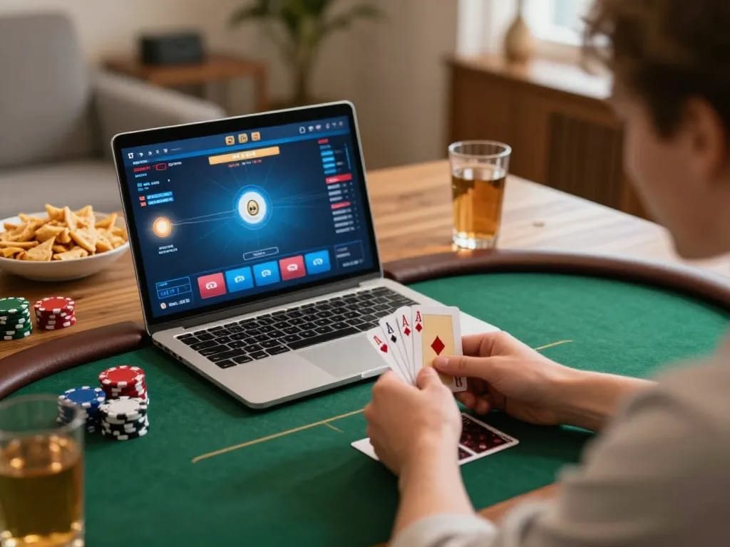 Win678 players strategizing in a cozy online poker game with vibrant laptop interface.