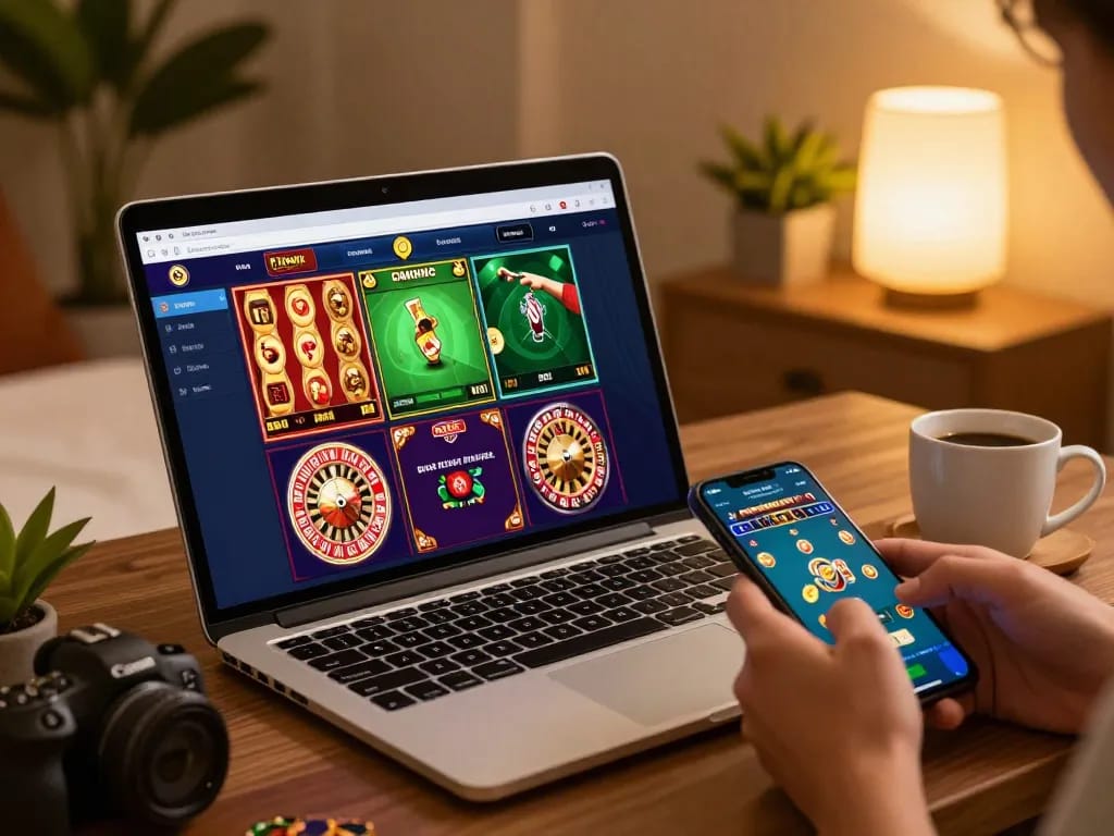 C168 player engaging strategically with online casino games on sleek laptop and smartphone.