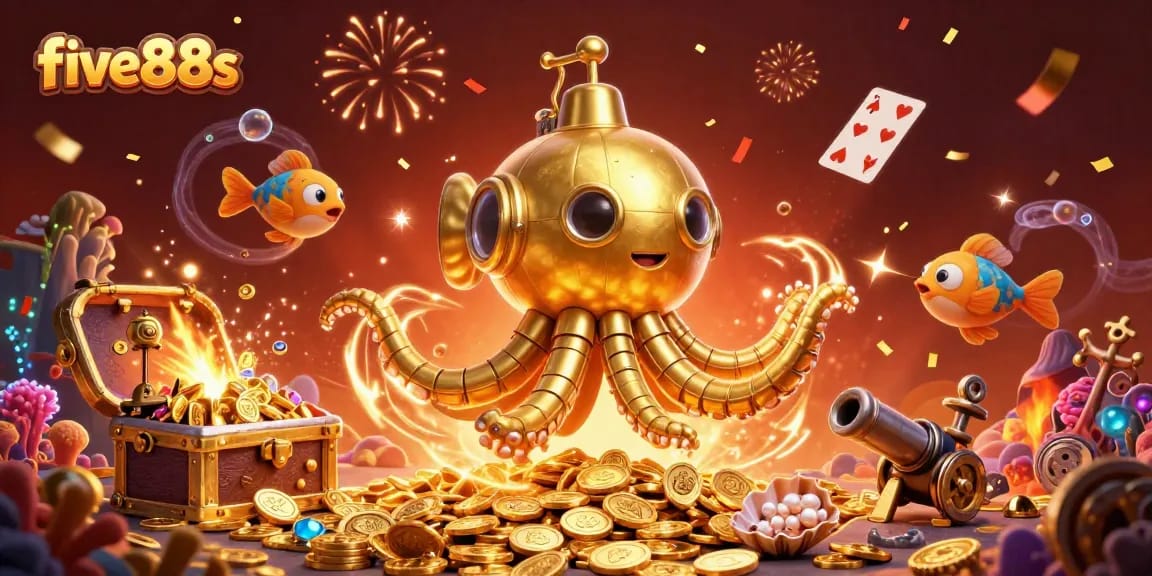 Experience thrilling adventures at five88s with golden rewards and vibrant casino-themed underwater scenery.