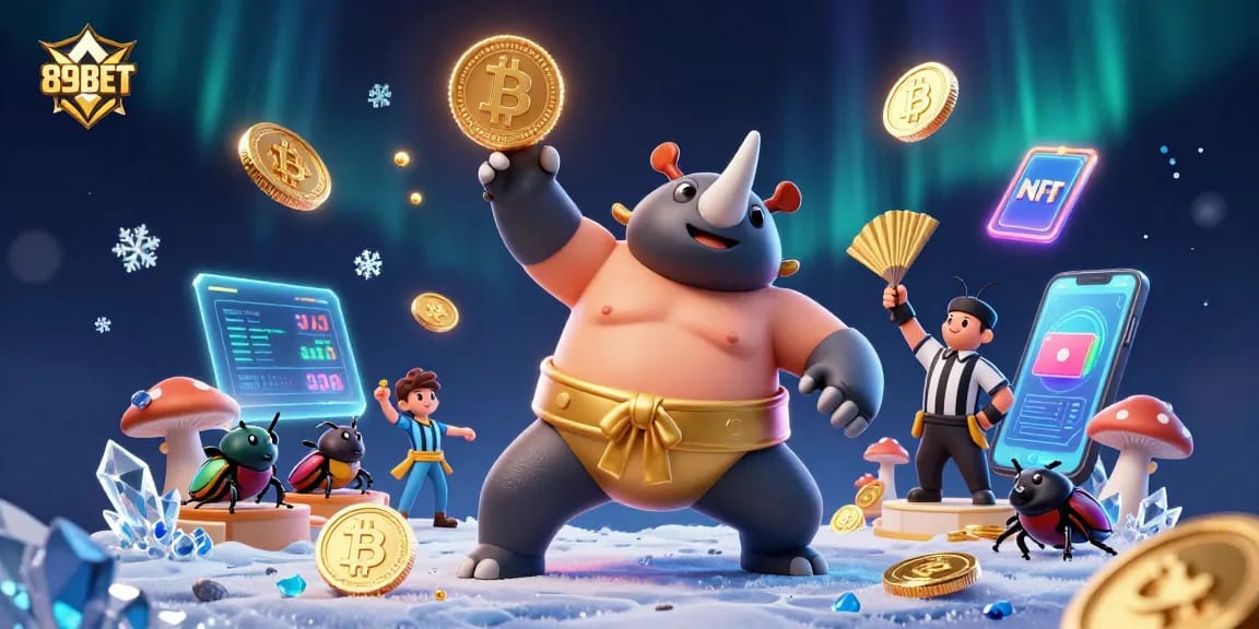 Experience thrilling gaming with 89BET as beetle champions compete for gold coins in this vibrant casino illustration.