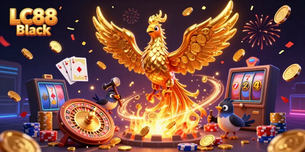 Experience the dynamic gaming thrill with LC88 Black's striking phoenix and casino elements.