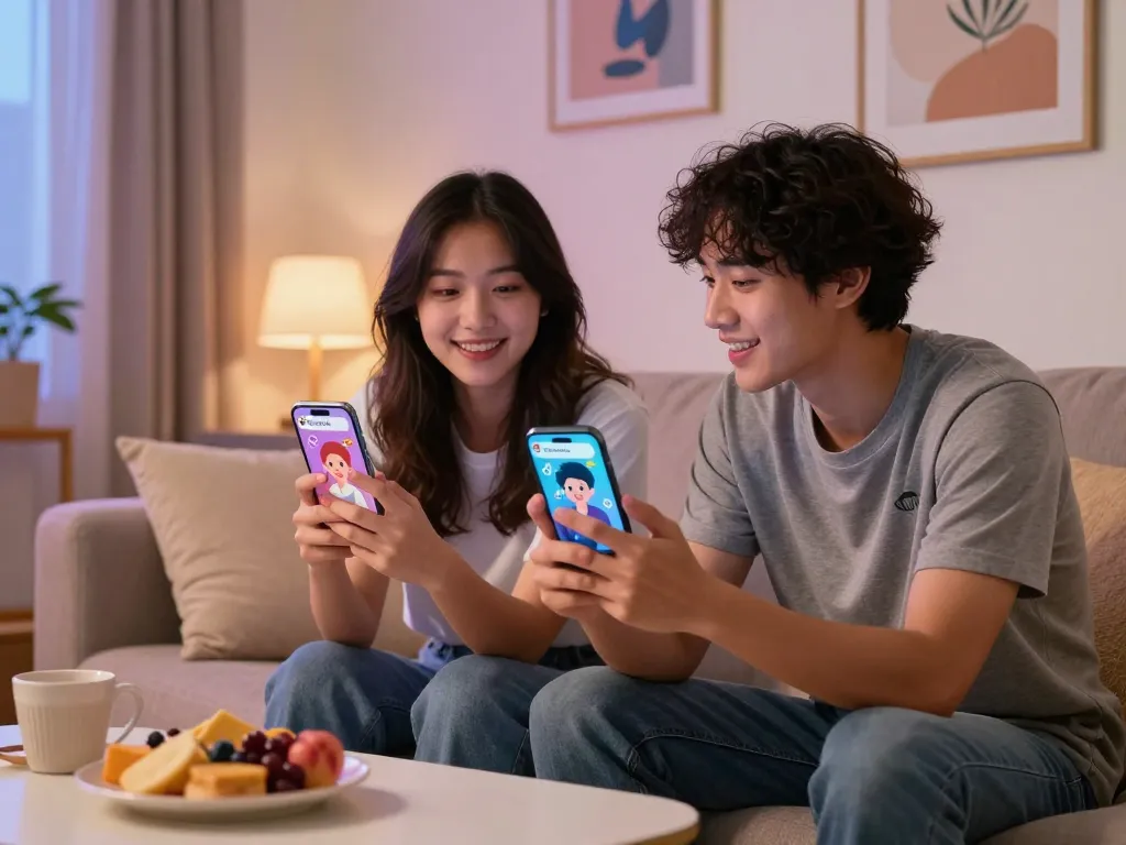 Engaging chat scene with CrushOn AI characters on smartphones in a cozy living room