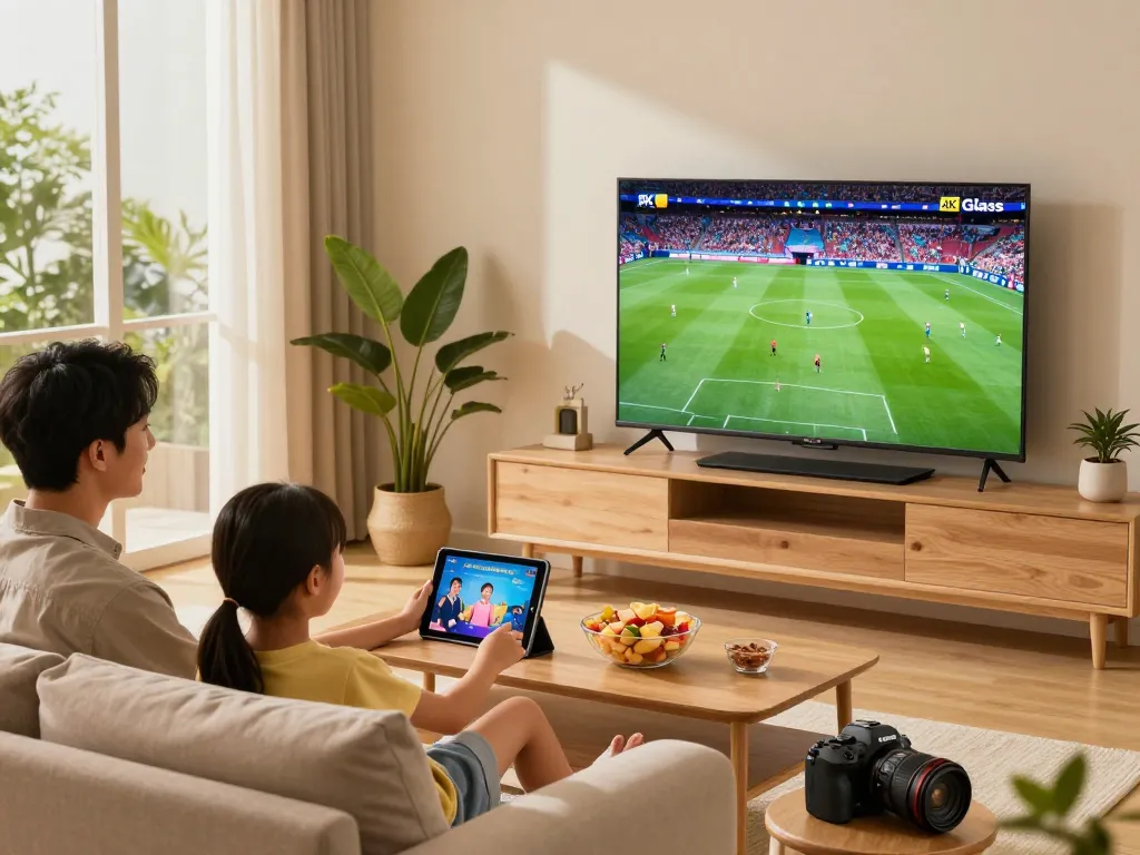Family enjoying Sky Glass IPTV in a cozy living room with 4K TV.