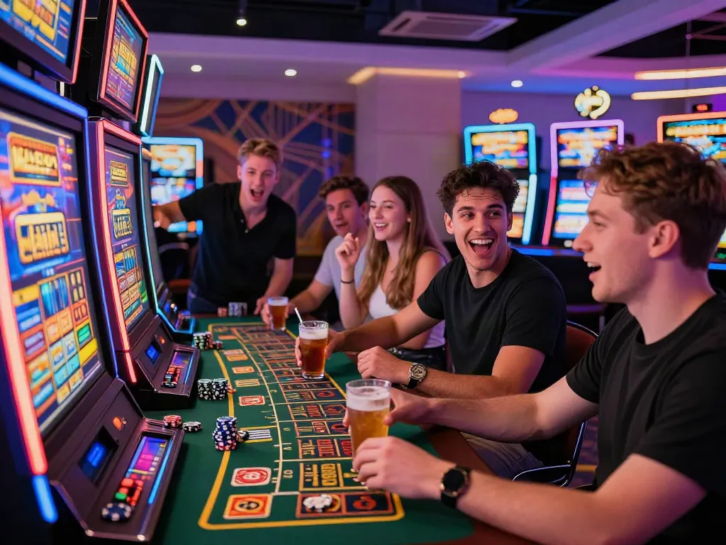 Excited players enjoying slots at lively online casinos in vibrant atmosphere.