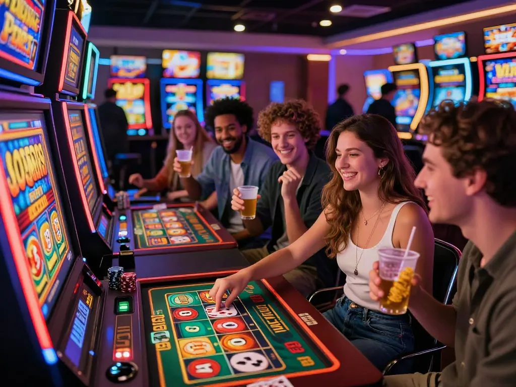Exciting scene of players in a vibrant uk casino enjoying slots and games, celebrating friendly competition.