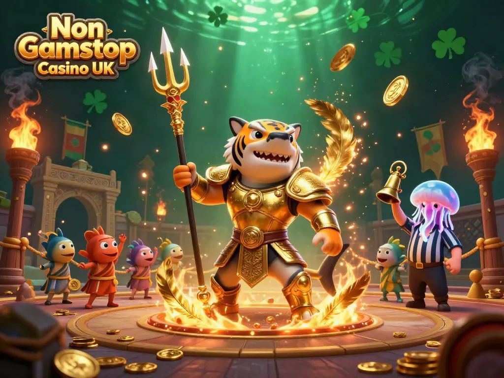 Engage with the thrilling world of Non Gamstop Casino UK featuring a dynamic underwater gladiator scene.