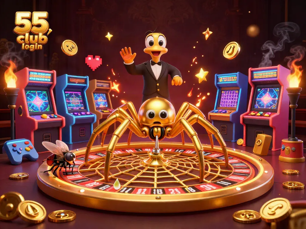 Experience the 55 club login excitement as a fly places bets near a roulette wheel web!