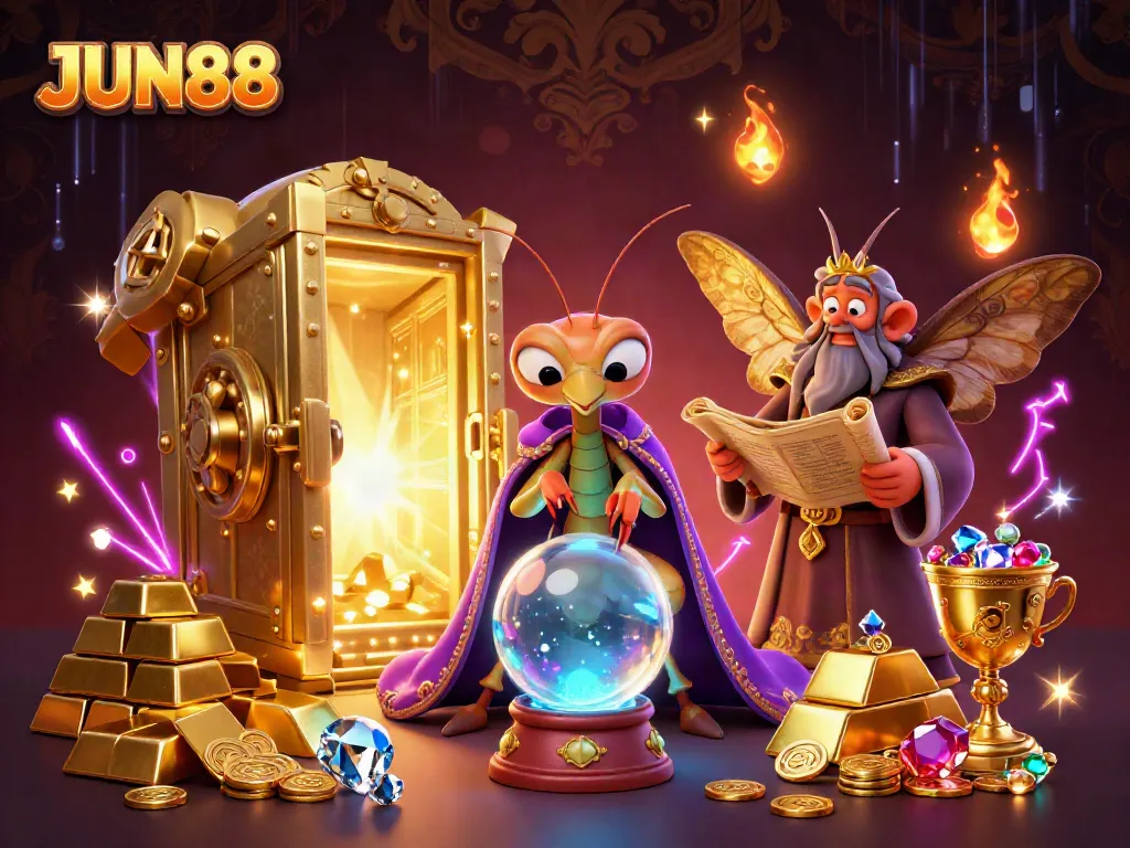 Experience the thrill of JUN88 with a mystical casino scene featuring enchanting characters and treasures.