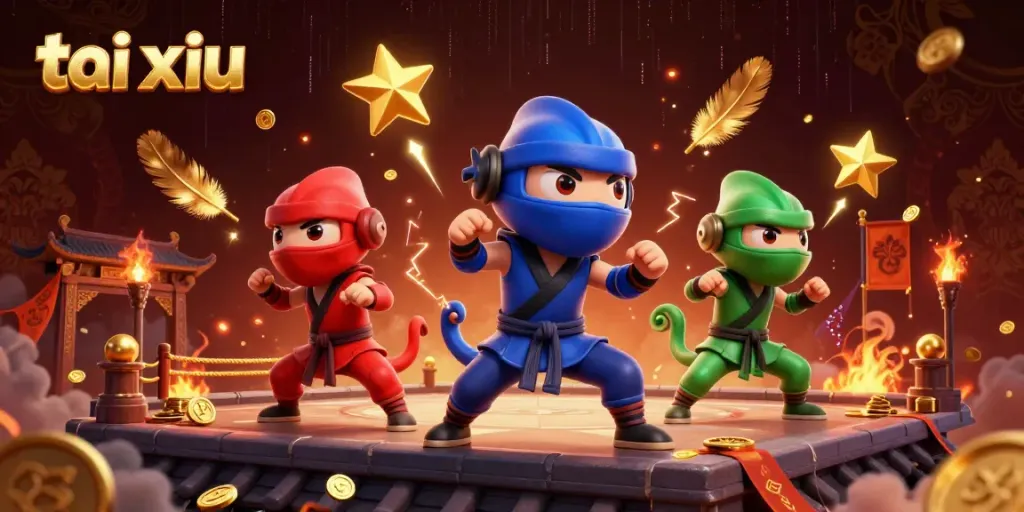 Engage with tai xiu action featuring a chameleon ninja team displaying martial arts amidst a vibrant casino scene.