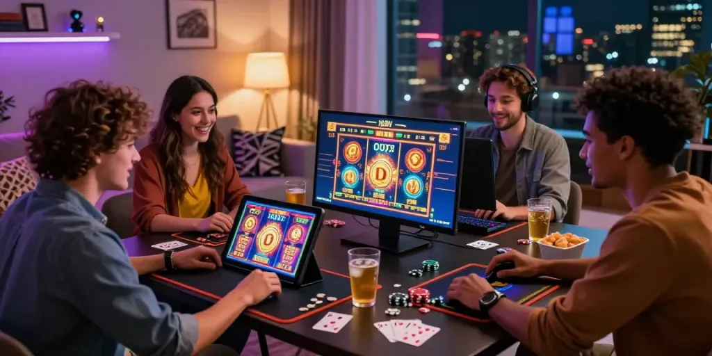 Friends enjoying an engaging online casino experience playing slots for real money at a uk casino.