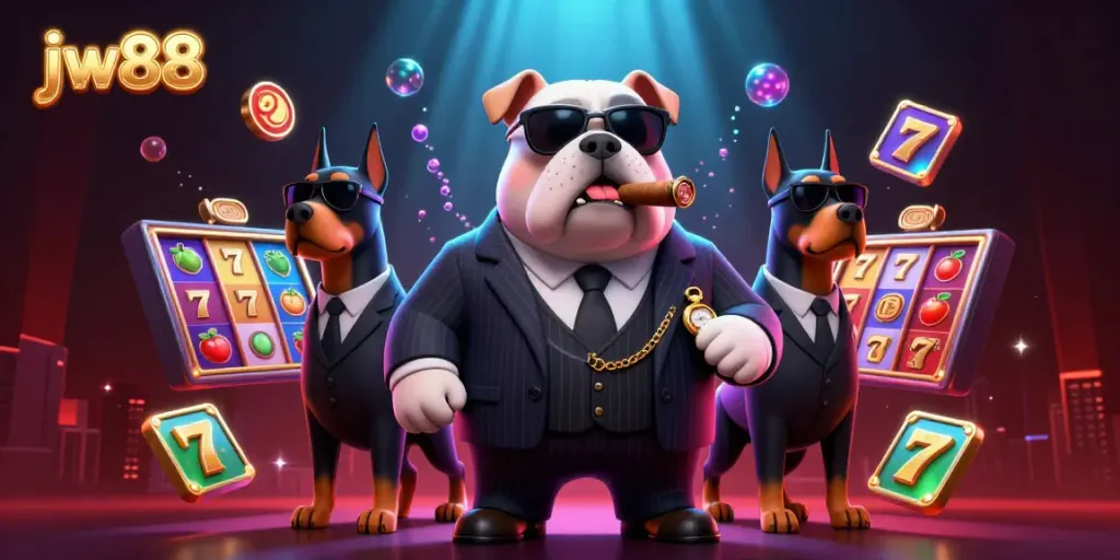 Experience the excitement of jw88 with a mafia bulldog in a bustling casino scene filled with colorful slot elements.
